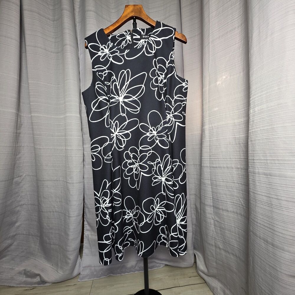 Fit & Flare A-Line Party Dress Floral Guest Event Extra-Large Black DKNY Midi
